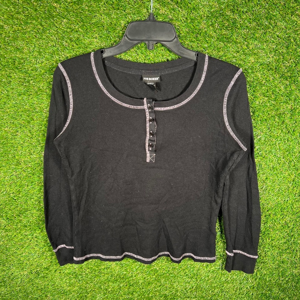 Joe Boxer Mens Medium Black Pink Contrast Stitch Waffle Knit Henley Top